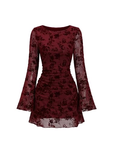 SweatyRocks Damen Langarm Kleid Elegant Minikleid mit Blumenmuster Runkhals Langarm Partykleider A Linie Spitzekleid mit Glockenärmel Festival Outfit Bordeaux L von SweatyRocks