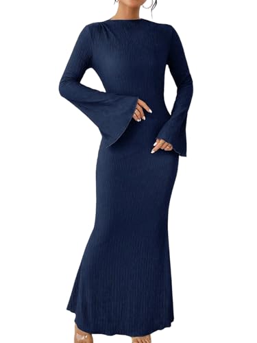 SweatyRocks Damen Langarm Maxikleid Elegant Stretch Kleider Herbst Maxikleider mit Ausgestellten Ärmeln Bodycon Kleid Freizeitkleid Für Party Dunkelblau M von SweatyRocks