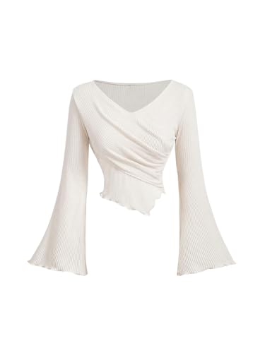 SweatyRocks Damen Langarm T-Shirts Bauchfrei Oberteil V-Ausschnitt Crop Top Langarmshirt Asymmetrisch Tops mit Glockenärmel Aprikosenfarben M von SweatyRocks