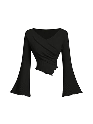 SweatyRocks Damen Langarm T-Shirts Bauchfrei Oberteil V-Ausschnitt Crop Top Langarmshirt Asymmetrisch Tops mit Glockenärmel Schwarz L SweatyRocks Damen Langarm T-Shirts Bauchfrei Oberteil V-Ausschnitt Crop Top Langarmshirt Asymmetrisch Tops mit Glockenärmel Schwarz L von SweatyRocks