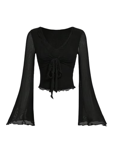 SweatyRocks Damen Langarmshirt Elegant Durchsichtige Shirts mit V-Ausschnitt Mesh T-Shirt mit Glockenärmel Netzstoff Bluseshirt Oberteil Schwarz M von SweatyRocks