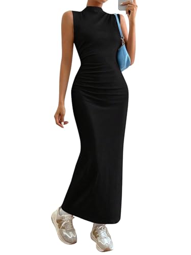 SweatyRocks Damen Langes Kleid Ärmelloses Midikleid Stehkragen Sommerkleider Fischtail Lange Kleider Gerafft Bodycon Partykleider Sommer Casual Tankkleid Schwarz XS von SweatyRocks