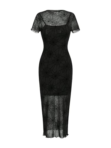 SweatyRocks Damen Langes Mesh Kleid Mit Spinnennetz Muster - Bodycon Freizeitkleid für Halloween - Figurbetontes Schwarz M von SweatyRocks