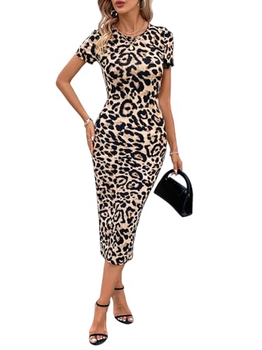 SweatyRocks Damen Leo Kleid Kurzarm Midikleid Leopardenmuster Sommerkleid Rundkragen Lange Kleider Bodycon Freizeitkleider Figurbetont Leopardenkleid Leo XL von SweatyRocks