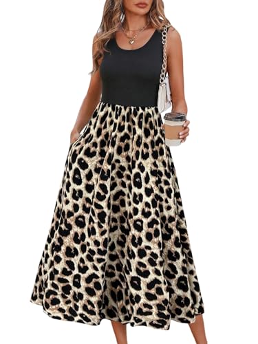SweatyRocks Damen Leo Kleid Tank Kleid Ärmellose Sommekleider Leopardenmuster Midikleid Elegant Casualkleid A Linie Freizeitkleid Leo S von SweatyRocks