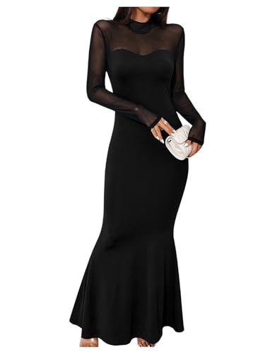 SweatyRocks Damen Maxi Kleider Elegant Kleid Figurbetontes Kleid Lang Partykleid Fischschwanz Kleid mit Contrast Mesh Schwarz S von SweatyRocks