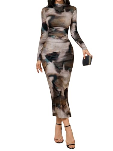 SweatyRocks Damen Maxikleid Batikmuster Kleider Langarm Sommerkleid Gerafft Batikkleider Bodycon Langes Kleid Elegant Bleistiftkleid Sommer Outfits Dunkelbraun M von SweatyRocks