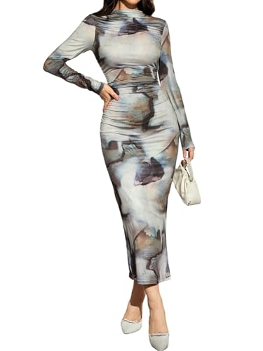 SweatyRocks Damen Maxikleid Batikmuster Kleider Langarm Sommerkleid Gerafft Batikkleider Bodycon Langes Kleid Elegant Bleistiftkleid Sommer Outfits Weiß und Grau L von SweatyRocks