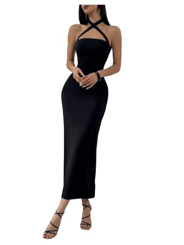 SweatyRocks Damen Maxikleid Elegant Neckholder Kleid Ärmellos Kleid mit Kreuzgurt Eng Partykleider Figurbetontes Kleid Schwarz M von SweatyRocks