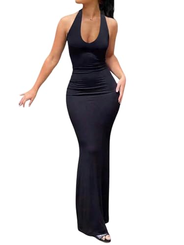 SweatyRocks Damen Maxikleid Elegant Partykleid Bodycon Kleid mit Fischschwanz Halter Kleider Tiefer V Ausschnitt Ärmelloses Damenkleid Schwarz L von SweatyRocks