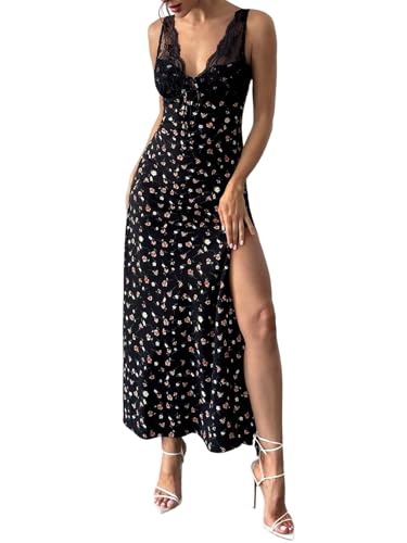 SweatyRocks Damen Maxikleid Lang Ärmellos Kleid mit Blumenmuster V-Ausschnitt Freizeitkleid mit Spitze mit Schlitz Langes Kleid Schwarz S SweatyRocks Damen Maxikleid Lang Ärmellos Kleid mit Blumenmuster V-Ausschnitt Freizeitkleid mit Spitze mit Schlitz Langes Kleid Schwarz S von SweatyRocks