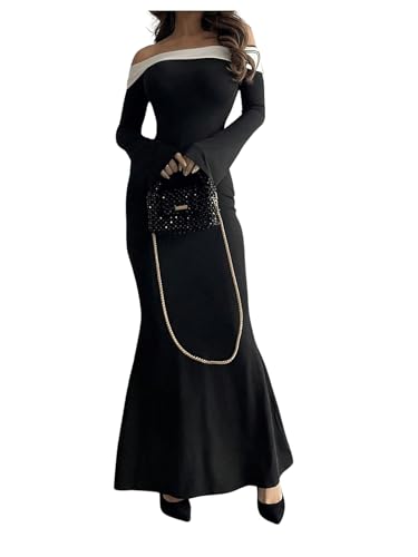SweatyRocks Damen Maxikleid Schulterfrei Kleider Figurbetontes Kleid Lang Partykleid mit Glockenärmeln Elegant Ausgehkleid Schwarz und Weiß S von SweatyRocks