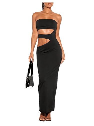SweatyRocks Damen Maxikleid Schulterfreies Kleid mit Cut Outs Rückenfreies Partykleid Figurbetontes Kleid mit Schlitz Schwarz S von SweatyRocks