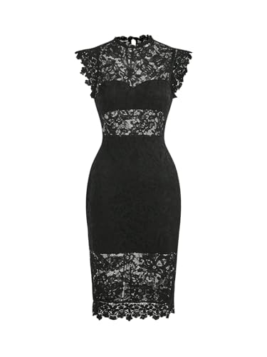 SweatyRocks Damen Midikleid Elegante Spitzenkleider Figurbetont Bleistiftkleid Stehkragen Partykleid Durchsichtiges Kleid mit Schlitz Schwarz S von SweatyRocks