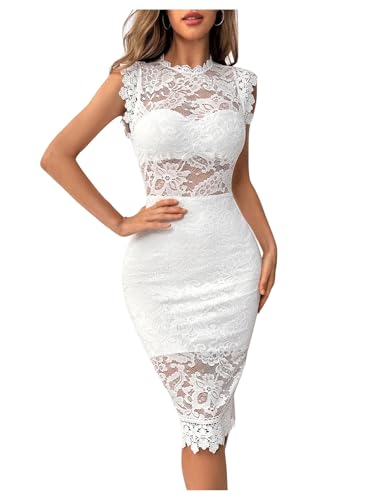 SweatyRocks Damen Midikleid Elegante Spitzenkleider Figurbetont Bleistiftkleid Stehkragen Partykleid Durchsichtiges Kleid mit Schlitz Weiß M von SweatyRocks