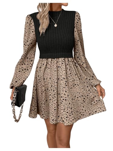SweatyRocks Damen Midikleid Langarm Kleid Mit Blumen Elegant Blusenkleid Herbst Strickkleid Winter A Linie Kleid Mit Stehkragen Farbblock Kleid Schwarz S von SweatyRocks