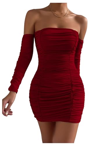 SweatyRocks Damen Minikeid Langarm Rüschen Kleider Schulterfreies Kleid Eng Freizeitkleid Figurbetontes Kleid für Party Bordeaux M von SweatyRocks