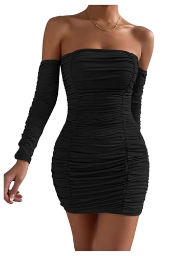 SweatyRocks Damen Minikeid Langarm Rüschen Kleider Schulterfreies Kleid Eng Freizeitkleid Figurbetontes Kleid für Party Schwarz L von SweatyRocks