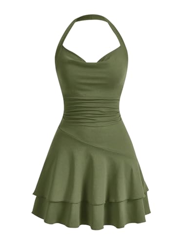 SweatyRocks Damen Minikleid A Linie Kleid Neckholder Kleider mit Rüschen Ärmelloses Mehrschichtiges Kleid Freizeitkleid Armeegrün M von SweatyRocks