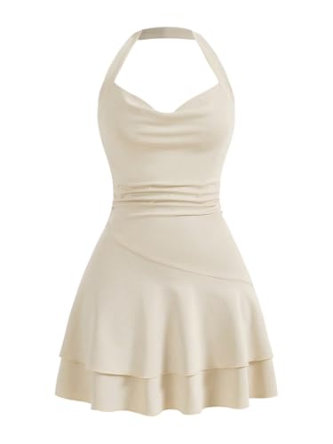 SweatyRocks Damen Minikleid A Linie Kleid Neckholder Kleider mit Rüschen Ärmelloses Mehrschichtiges Kleid Freizeitkleid Beige S von SweatyRocks