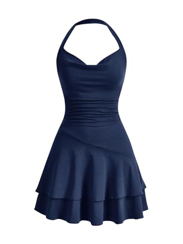 SweatyRocks Damen Minikleid A Linie Kleid Neckholder Kleider mit Rüschen Ärmelloses Mehrschichtiges Kleid Freizeitkleid Dunkelblau L von SweatyRocks