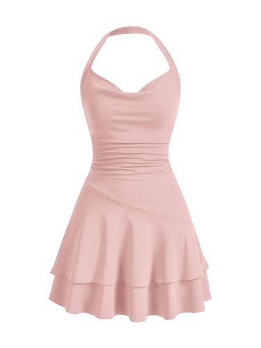 SweatyRocks Damen Minikleid A Linie Kleid Neckholder Kleider mit Rüschen Ärmelloses Mehrschichtiges Kleid Freizeitkleid Grau-Rosa M von SweatyRocks