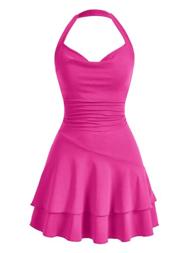 SweatyRocks Damen Minikleid A Linie Kleid Neckholder Kleider mit Rüschen Ärmelloses Mehrschichtiges Kleid Freizeitkleid Heißes Pink L von SweatyRocks