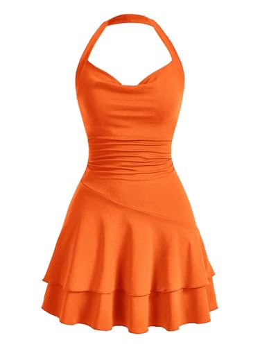 SweatyRocks Damen Minikleid A Linie Kleid Neckholder Kleider mit Rüschen Ärmelloses Mehrschichtiges Kleid Freizeitkleid Orange M von SweatyRocks