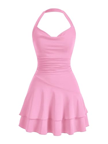 SweatyRocks Damen Minikleid A Linie Kleid Neckholder Kleider mit Rüschen Ärmelloses Mehrschichtiges Kleid Freizeitkleid Rosa XS von SweatyRocks