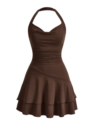 SweatyRocks Damen Minikleid A Linie Kleid Neckholder Kleider mit Rüschen Ärmelloses Mehrschichtiges Kleid Freizeitkleid Schokoladenbraun S von SweatyRocks