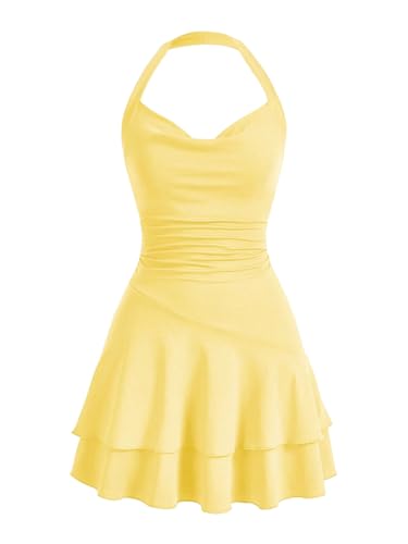 SweatyRocks Damen Minikleid A Linie Kleid Neckholder Kleider mit Rüschen Ärmelloses Mehrschichtiges Trägerkleid Freizeitkleid Gelb S SweatyRocks Damen Minikleid A Linie Kleid Neckholder Kleider mit Rüschen Ärmelloses Mehrschichtiges Trägerkleid Freizeitkleid Gelb S von SweatyRocks