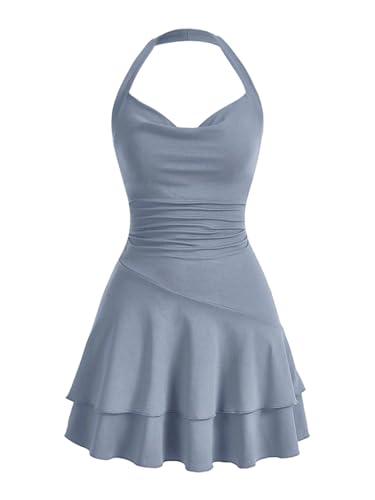 SweatyRocks Damen Minikleid A Linie Kleid Neckholder Kleider mit Rüschen Ärmelloses Mehrschichtiges Trägerkleid Freizeitkleid Graublau S von SweatyRocks