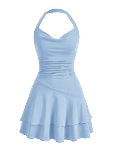 SweatyRocks Damen Minikleid A Linie Kleid Neckholder Kleider mit Rüschen Ärmelloses Mehrschichtiges Trägerkleid Freizeitkleid Hellblau M von SweatyRocks