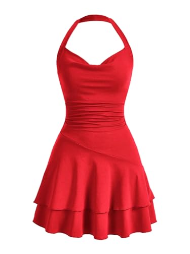 SweatyRocks Damen Minikleid A Linie Kleid Neckholder Kleider mit Rüschen Ärmelloses Mehrschichtiges Trägerkleid Freizeitkleid Rosenrot XS von SweatyRocks