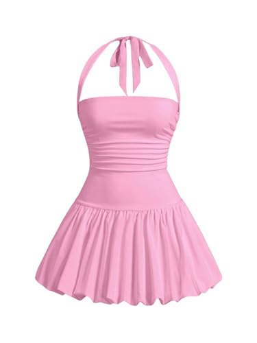 SweatyRocks Damen Minikleid A Linie Kleid Neckholder Sommerkleid mit Rüschen Ärmelloses Kleid Freizeitkleid mit Rücken Rosa S von SweatyRocks