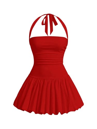 SweatyRocks Damen Minikleid A Linie Kleid Neckholder Sommerkleid mit Rüschen Ärmelloses Kleid Freizeitkleid mit Rücken Rot L SweatyRocks Damen Minikleid A Linie Kleid Neckholder Sommerkleid mit Rüschen Ärmelloses Kleid Freizeitkleid mit Rücken Rot L von SweatyRocks