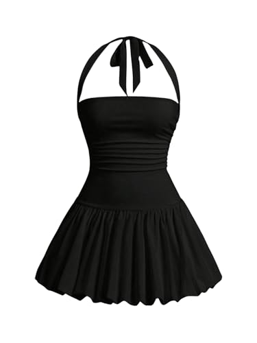SweatyRocks Damen Minikleid A Linie Kleid Neckholder Sommerkleid mit Rüschen Ärmelloses Kleid Freizeitkleid mit Rücken Schwarz L von SweatyRocks