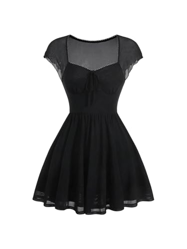 SweatyRocks Damen Minikleid Elegant Herzausschnitt Kleid Mesh Kleid mit Knoten Vorne Kurzarm Partykleider Freizeitkleid Schwarz L von SweatyRocks