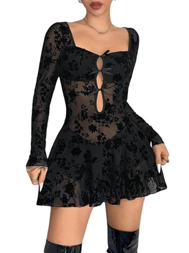 SweatyRocks Damen Minikleid Elegant Kurzes Mesh Kleid mit Spitze Langärmlig Rückenfreies Partykleid A-Linie Transparentes Kleider Festival Outfit Schwarz L SweatyRocks Damen Minikleid Elegant Kurzes Mesh Kleid mit Spitze Langärmlig Rückenfreies Partykleid A-Linie Transparentes Kleider Festival Outfit Schwarz L von SweatyRocks