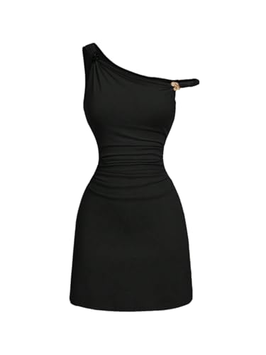SweatyRocks Damen Minikleid Elegante Kleider mit Metall Schnalle Ärmelloses Kleid Asymmetrischem Kragen Partykleid Shortkleid Schwarz M von SweatyRocks