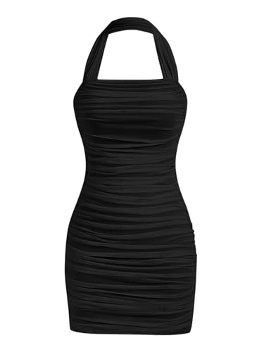 SweatyRocks Damen Minikleid Neckholder Kleider Figurbetontes Kleid Rückenfrei Sommerkleid Gerafft Mini Kleid Bodycon Freizeitkleider Ärmelloses Partykleid Schwarz M von SweatyRocks