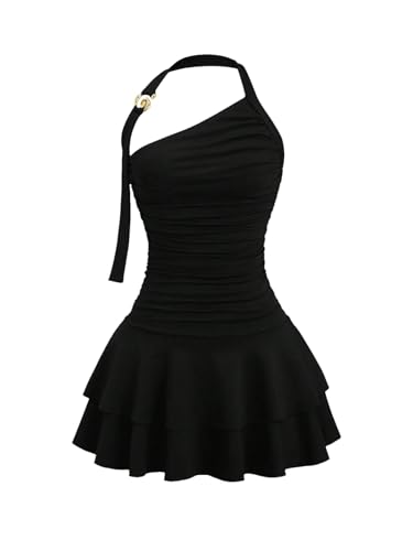 SweatyRocks Damen Neckholder Minikleid A Linie Kleid mit Rüschen Ärmelloses Partykleid Mehrschichtiges Trägerkleid Freizeitkleid Schwarz M von SweatyRocks