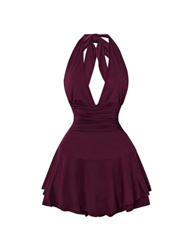 SweatyRocks Damen Neckholder Minikleid A Linie Kleid mit Rüschen Tiefer V-Ausschnitt Ärmelloses Partykleid Mehrschichtiges Trägerkleid Bordeaux S von SweatyRocks