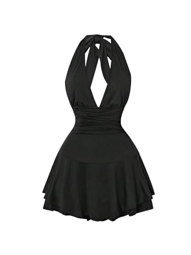 SweatyRocks Damen Neckholder Minikleid A Linie Kleid mit Rüschen Tiefer V-Ausschnitt Ärmelloses Partykleid Mehrschichtiges Trägerkleid Schwarz S SweatyRocks Damen Neckholder Minikleid A Linie Kleid mit Rüschen Tiefer V-Ausschnitt Ärmelloses Partykleid Mehrschichtiges Trägerkleid Schwarz S von SweatyRocks