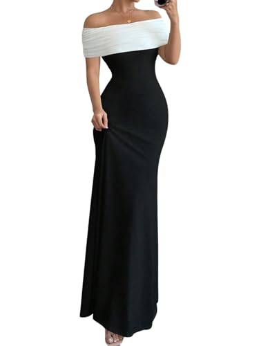 SweatyRocks Damen Off-Shoulder Maxikleid Elegant Partykleid Schulterfrei Kleid mit Fischschwan Lange Kleider Cut Orts Ausgehkleid Schwarz und Weiß S von SweatyRocks