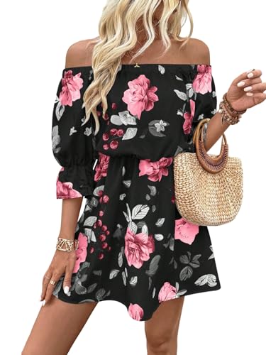 SweatyRocks Damen Off Shoulder Sommerkleid Casual Strandkleid Blumenkleid A-Linie Kleid 3/4 Arm Minikleid Strandoutfit Urlaubkleid Schwarz XL von SweatyRocks