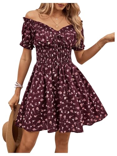SweatyRocks Damen Off Shoulder Strandkleid A Linie Sommerkleid Casual Skaterkleid Kurzes Kleid Freizeitkleid Bohokleid mit Blumenmuster Bordeaux XS von SweatyRocks