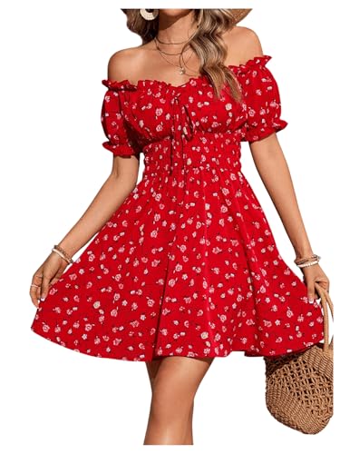 SweatyRocks Damen Off Shoulder Strandkleid A Linie Sommerkleid Casual Skaterkleid Kurzes Kleid Freizeitkleid Bohokleid mit Blumenmuster Rot L von SweatyRocks