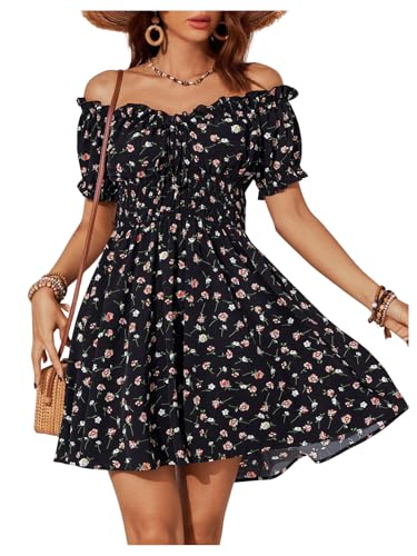 SweatyRocks Damen Off Shoulder Strandkleid A Linie Sommerkleid Casual Skaterkleid Kurzes Kleid Freizeitkleid Bohokleid mit Blumenmuster Schwarz L von SweatyRocks