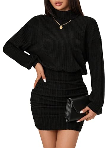 SweatyRocks Damen Pulloverkleid Langarmkleid mit Rollkragen Langarm Strickpullover Kleid Winterkleid Casual Pullikleid Freizeitkleid Schwarz L von SweatyRocks